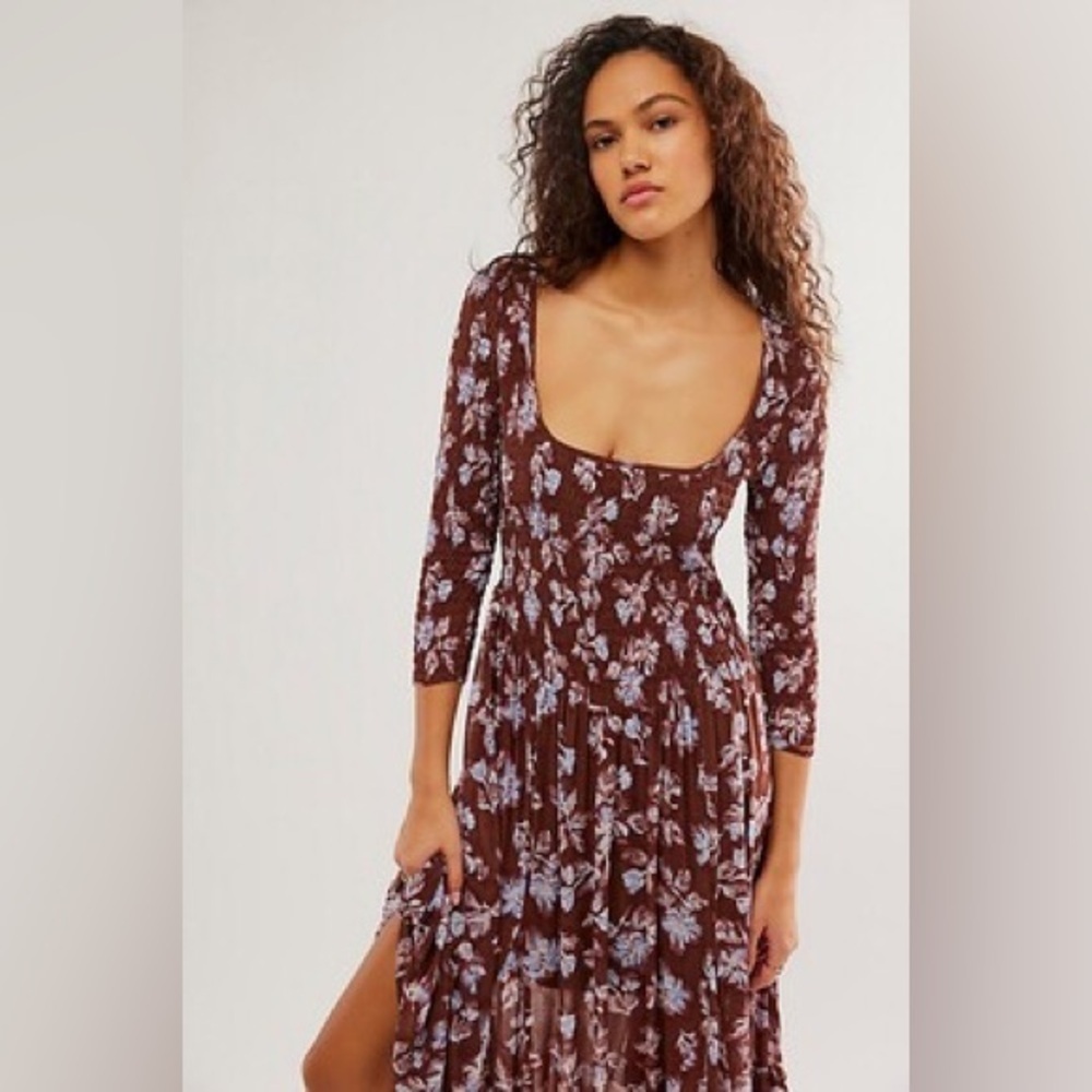 Free People Brown Floral Ruche Midi Dress sz S